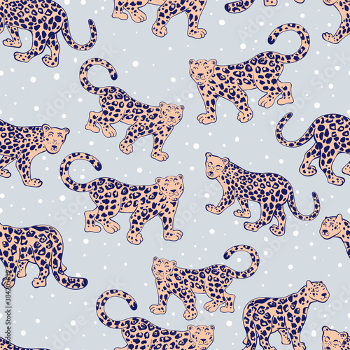 Jaguar seamles pattern. Cute design for birthdays cards, childish posters, fabric design, paper, textiles, background, stickers, greeting, planner,  diary,  t-shirt print design. Vector illustration.