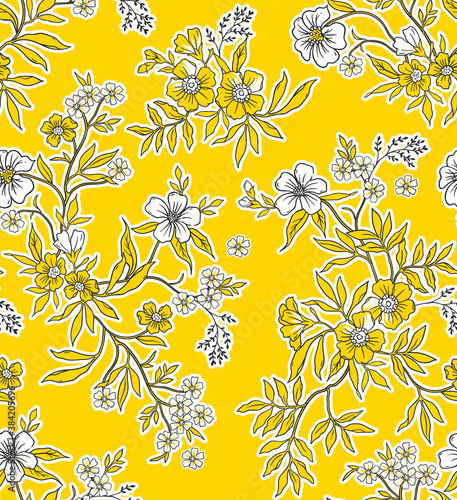 Meadow. Wildflowers pattern. Hand drawn Floral pattern. Seamless vector texture. Elegant template for fashion prints. Surface with meadow flowers and herbs. Yellow background.