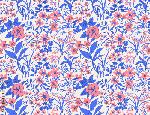 Floral seamless pattern. Pretty pattern in small flower. Small pink flowers and blue leaves. White background. Ditsy floral background. The elegant the template for fashion prints.