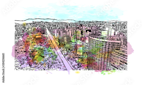 Building view with landmark of Belo Horizonte is the capital city of southeastern Brazil. watercolour splash with hand drawn sketch illustration in vector.