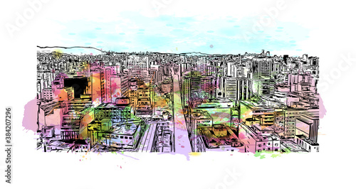 Building view with landmark of Belo Horizonte is the capital city of southeastern Brazil. watercolour splash with hand drawn sketch illustration in vector.