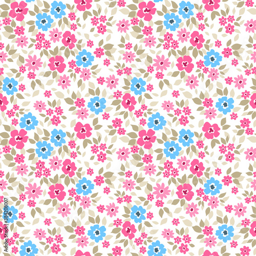 Vintage floral background. Seamless vector pattern for design and fashion prints. Flowers pattern with small pink and light blue flowers on a white background. Ditsy style.
