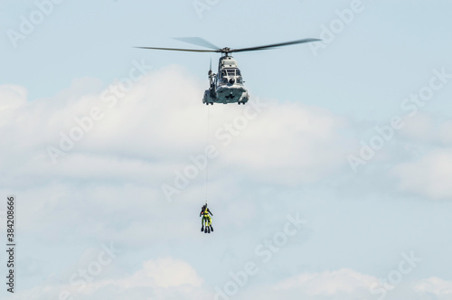 Barcelona, Spain; August 6, 2018: Helicopter of spanish Army in rescue mission. Aerospatiale SA 330 Puma