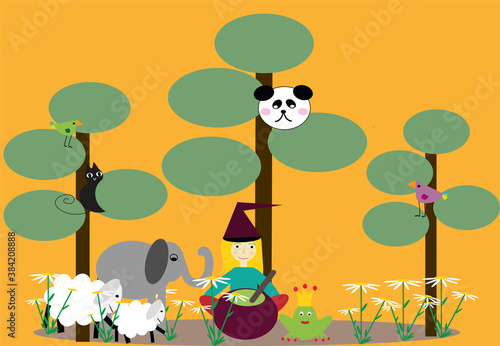 Animal forest with a witch. Halloween concept and child illustration