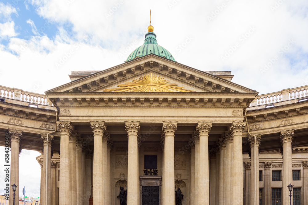 View of the Kazan Cathedral and the details of its decoration in St. Petersburg, Russia