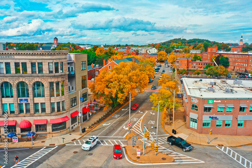 Aerial Drone Photography Of Downtown Dover, NH (New Hampshire) During The Fall Foliage Season photo