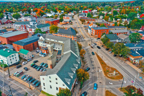 Fototapeta Naklejka Na Ścianę i Meble -  Aerial Drone Photography Of Downtown Dover, NH (New Hampshire) During The Fall Foliage Season