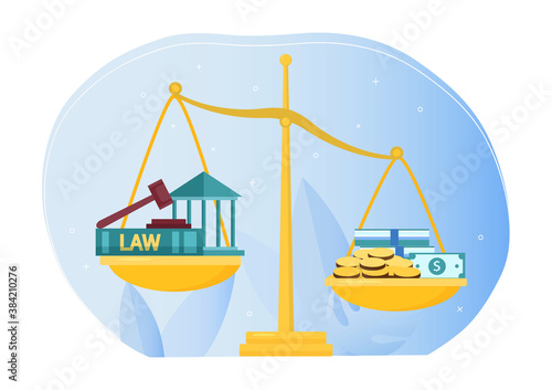 Anti-corruption banner. Scales on one side of which is law and justice, and on the other side is money symbolizing corruption and bribery. Flat abstract vector illustration