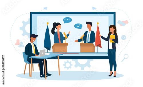Tv presenters provide live coverage of the meeting of world leaders live. Live streaming concept. Online news. Flat vector cartoon illustration with fictional characters.
