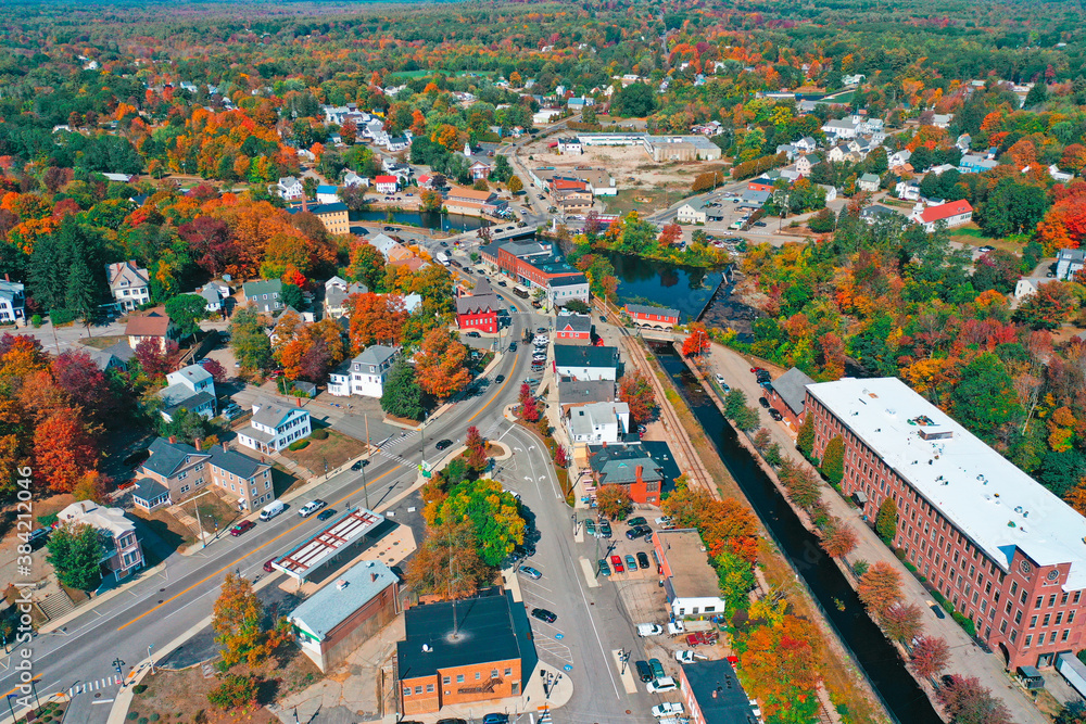 Aerial Drone Photography Of Downtown Somersworth, NH (New Hampshire) During The Fall Foliage Season