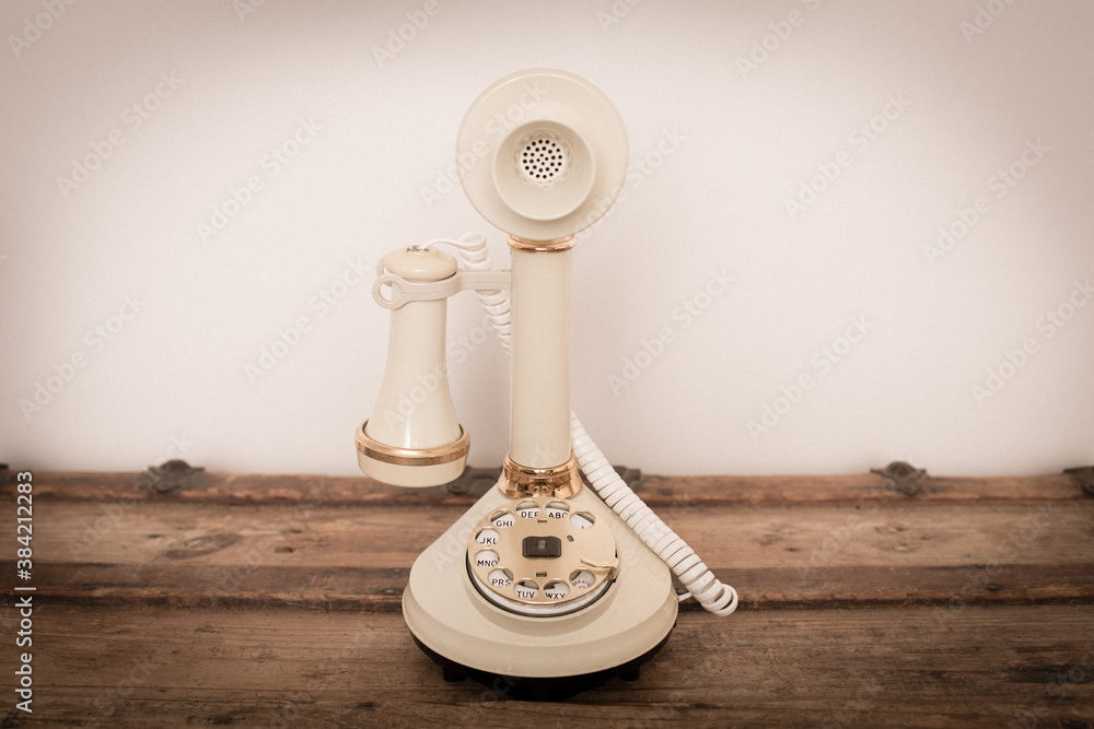Vintage Candlestick Telephone Sitting on Old Wooden Trunk, Phone