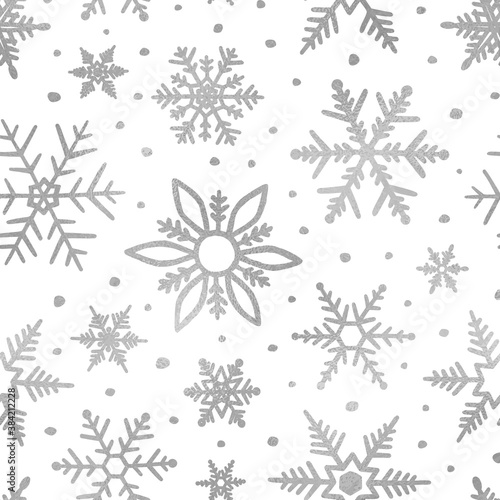Snowflakes silver glitter. Winter background. Elegant seamless pattern. Marble silver texture. Beautiful delicate snow backdrop. Falling random snowflakes for winter design. Scatter snowflakes. Vector