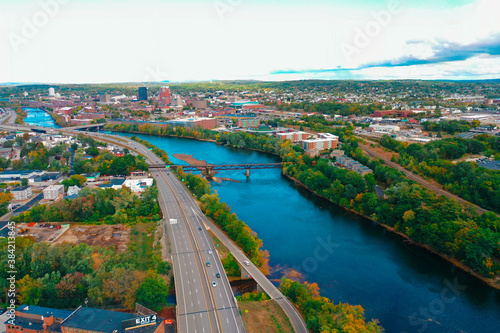 Fototapeta Naklejka Na Ścianę i Meble -  Aerial Drone Photography Of Downtown Manchester, NH (New Hampshire) During The Fall Foliage Season