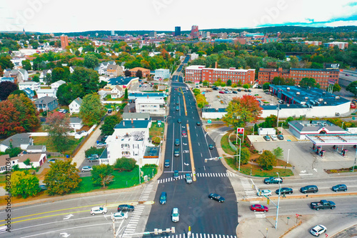 Aerial Drone Photography Of Downtown Bedford, NH (New Hampshire) During The Fall Foliage Season