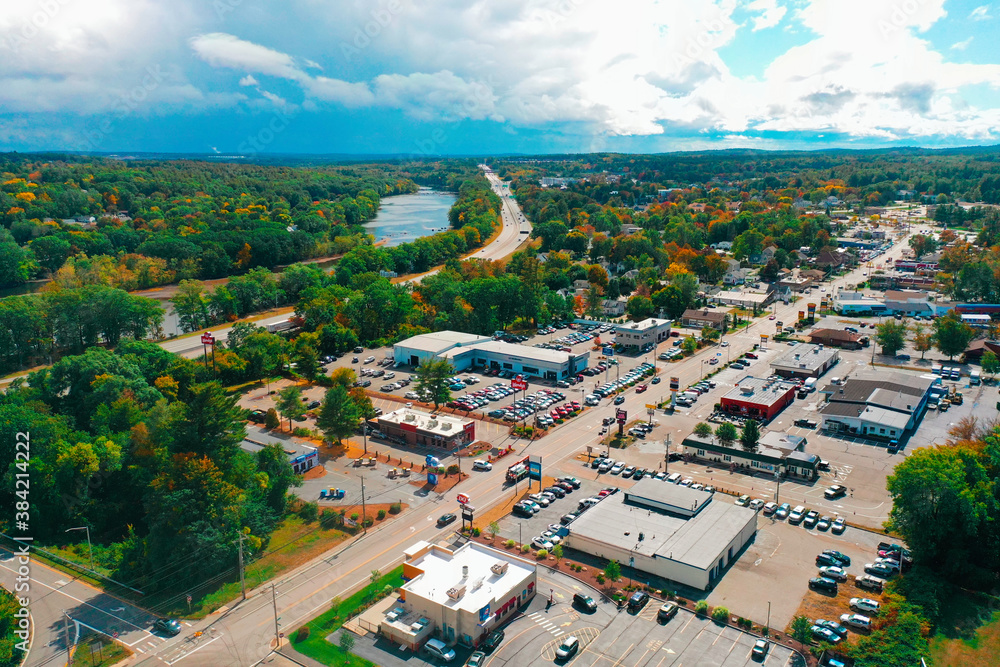 Naklejka premium Aerial Drone Photography Of Downtown Bedford, NH (New Hampshire) During The Fall Foliage Season