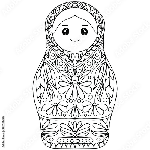 matroska drawn with floral ornaments on a white background for coloring, vector