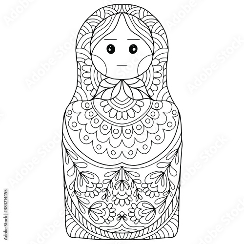 matroska drawn with folk floral ornaments on a white background for coloring, vector