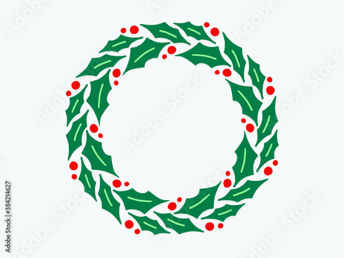 Greeting hand drawn card with Christmas wreath and Merry Christmas handwritten calligraphy. Vector illustration. Christmas wreath of red poinsettia and leaves. Watercolor illustration