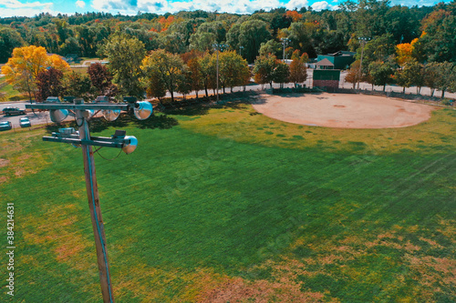 Aerial Drone Photography Of A Baseball Field In Downtown Bedford, NH (New Hampshire) During The Fall Foliage Season