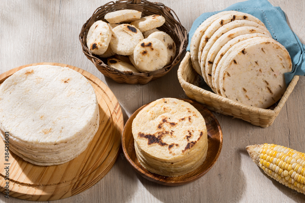 Typical South American food - different types of corn arepas. Stock
