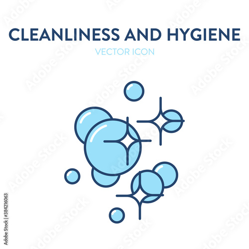 Soap bubbles vector icon. Vector illustration of a bubbles and shiny stars. Bubbles cleanliness symbol, crystal clean, clean environment, cleaning agent, chemicals, hygiene soap, hand washing