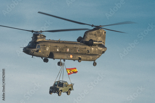 Barcelona, Spain; August 5, 2018: Big double rotor helicopter of the spanish army. CH-47D Chinook