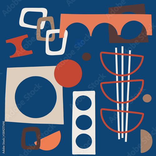 Mid Century Outline placement design on blue background  with shapes in retro vintage colors