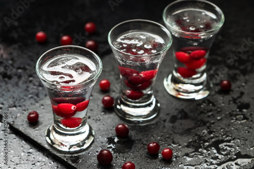 Frozen glass with cold vodka with cranberry on dark table