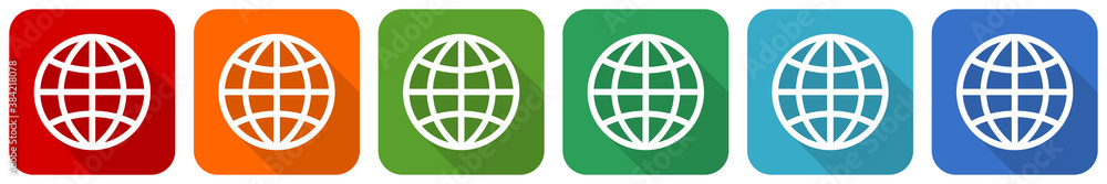 World, globe icon set, flat design vector illustration in 6 colors options for webdesign and mobile applications World, globe icon set, flat design vector illustration in 6 colors options for webdesign and mobile applications