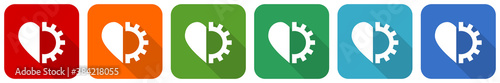 Heart and cogwheel icon set, flat design vector illustration in 6 colors options for webdesign and mobile applications