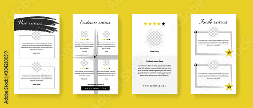Customer review promo for social media. Post layout with feedback for business. Rating from buyers with place for photo