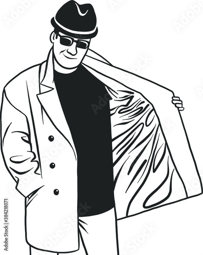 Smuggler selling something. Cloak-seller isolated. Dealer in hat and coat . Bootlegger. Seller prohibited goods of black marke. Flat vector illustration.