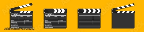 Vector 3d realistic opened movie film clap board icon set closeup on orange background, design template of clapperboard, slapstick, filmmaking device