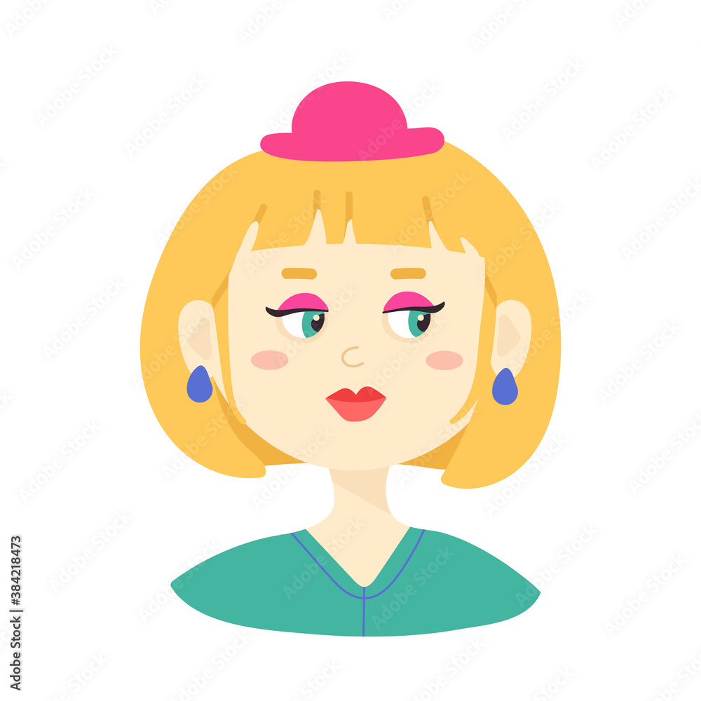 vector illustration of a young pretty woman in an elegant hat.portrait of a feminine lady with blonde hair in flat style.isolated on white background. vector illustration of a young pretty woman in an elegant hat.portrait of a feminine lady with blonde hair in flat style.isolated on white background.