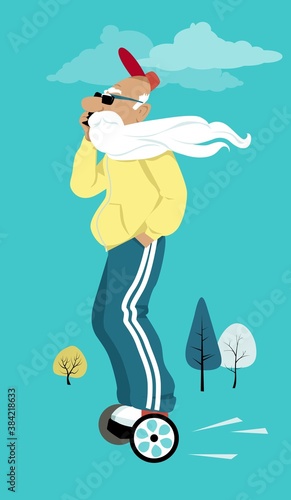 Elderly man with a long beard riding a hover board and talking on a smartphone, EPS 8 vector illustration