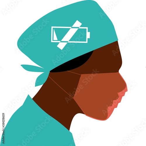 Profile of an exhausted healthcare professional with a sign for low energy on her head as a metaphor for a burnout, EPS 8 vector illustration