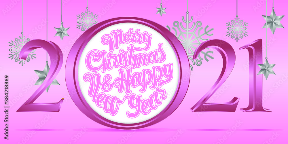 Naklejka premium Vector 3d pink numbers 2021 and the lettering Merry Christmas and Happy New Year inscribed in a circle.