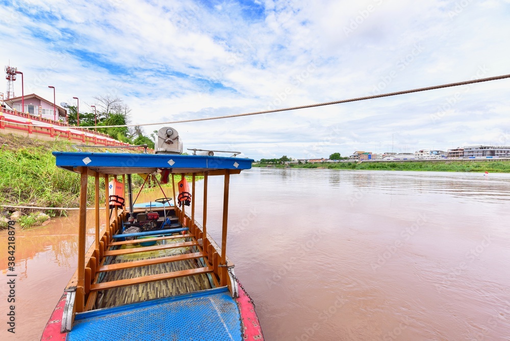 Wooden Boat Near the Origin of Chao Phraya River in Nakhon Sawan
