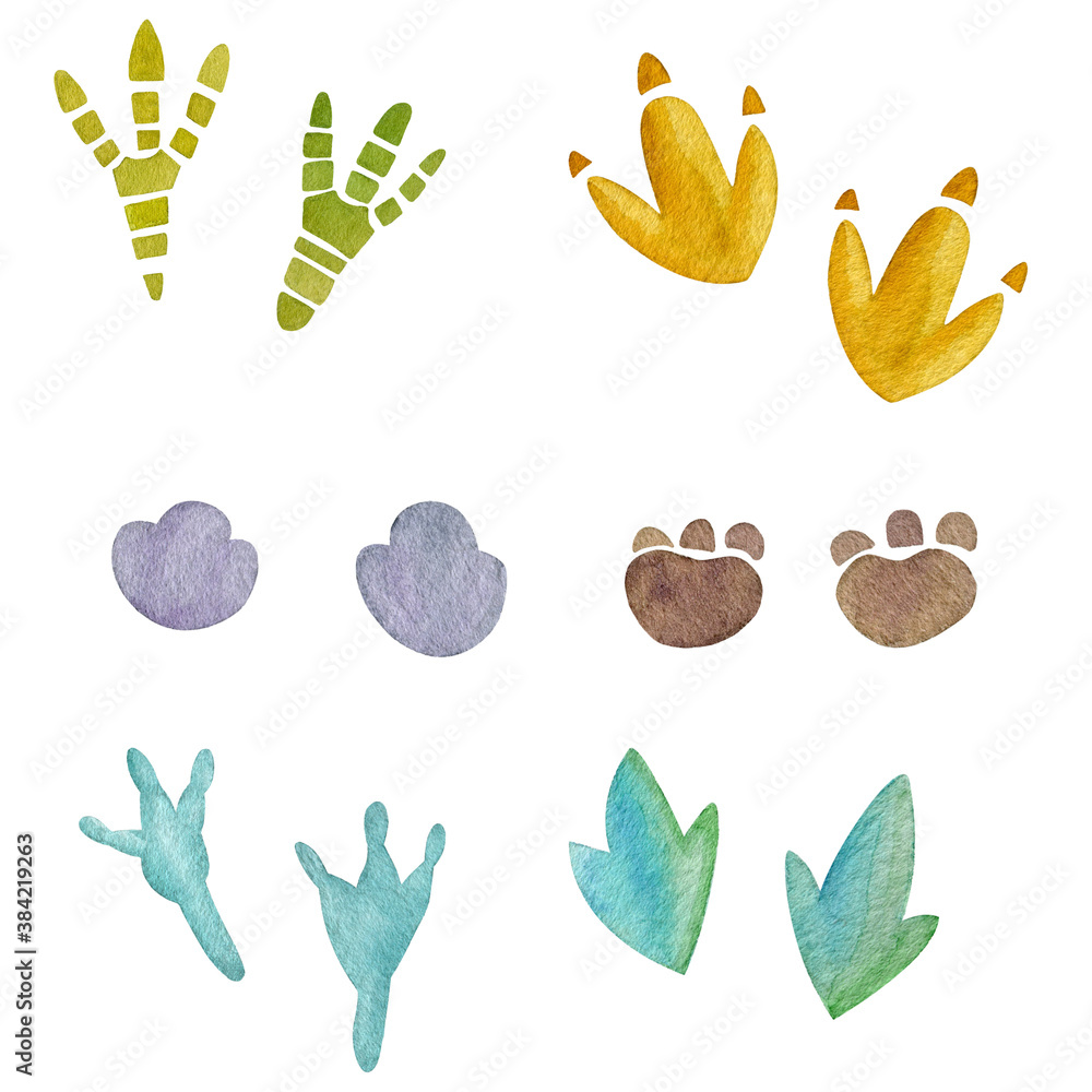 Dinosaur footprints watercolor clipart collection. Handpainted traces set isolated on white