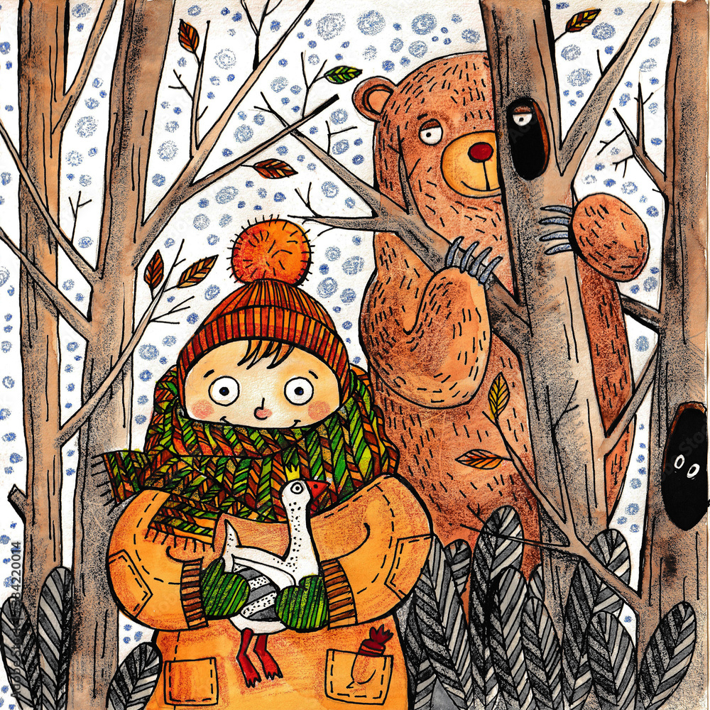 watercolor illustration of a girl and a bear, a child and a bear in the ...