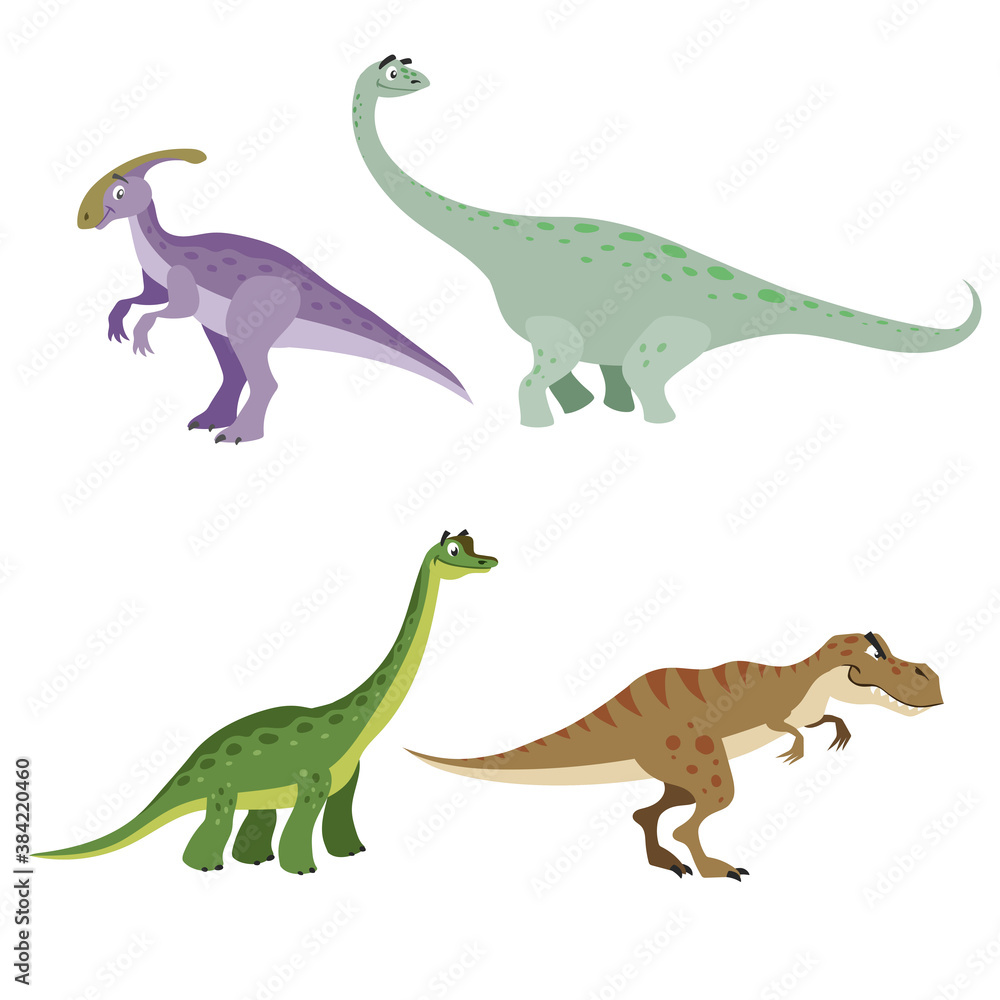 Cartoon dinosaurs set. Parasaurolophus, Brontosaurus, Brachiosaurus and Tyrannosaurus rex. Herbivore and carnivore dinosaurs collection. Vector illustrations. Isolated on white background. Cartoon dinosaurs set. Parasaurolophus, Brontosaurus, Brachiosaurus and Tyrannosaurus rex. Herbivore and carnivore dinosaurs collection. Vector illustrations. Isolated on white background.