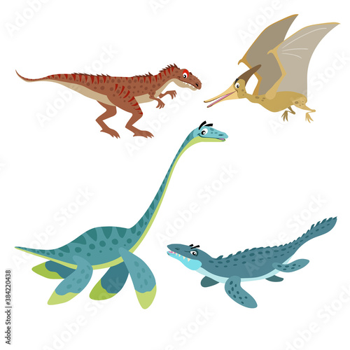 Cartoon dinosaurs set. Allosaurus  Plesiosaurus  Pteranodon and Mosasaurus. Land  flying and aquatic dinosaurs collection. Vector illustrations. Isolated on white background.