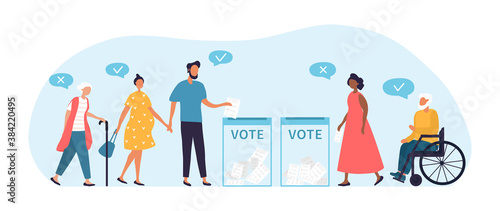 Voting or election concept, multiracial people of different ages including disabled people came to the polling station to vote for their candidate. Flat cartoon vector illustration.