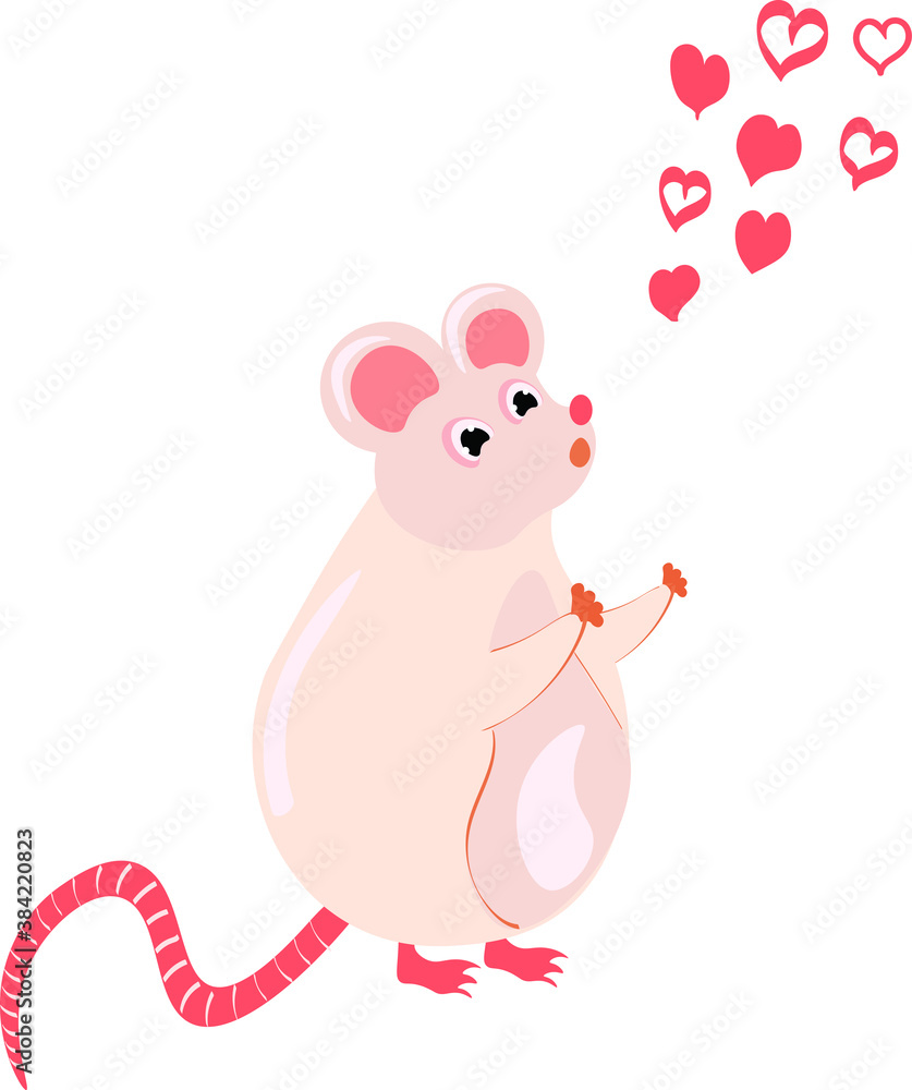 pink mouse with hearts cute, funny flat character isolated on white background. Concept for logo, print, cards pink mouse with hearts cute, funny flat character isolated on white background. Concept for logo, print, cards