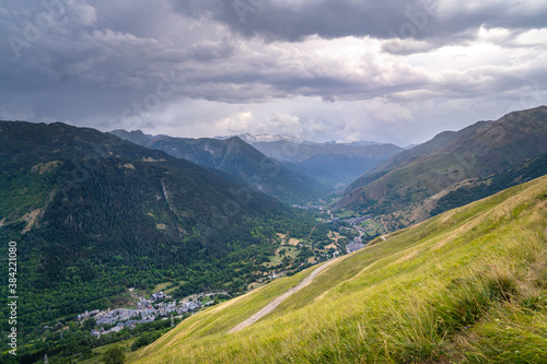 Small typical mountain villages at the bottom of a beautiful valley. Panoramic view of the Vall d Aran  Vaqueira  Beret  Salard    L  rida  Catalonia  Spain.