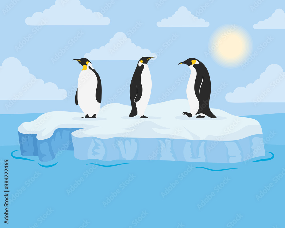 Fototapeta premium iceberg block arctic day scene with penguins