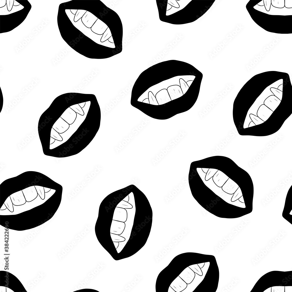 Seamless pattern with a gothic woman lips. Hand drawn vector illustration on a white background.