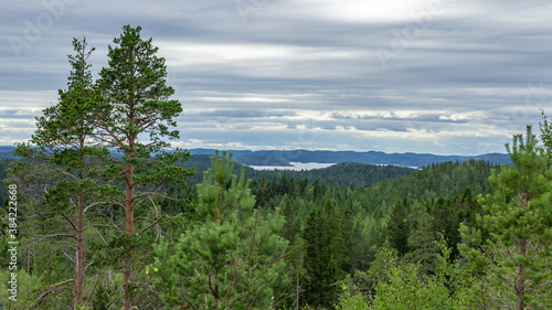 Mountain view of lake Onega in Karelia  Russia  August 2020