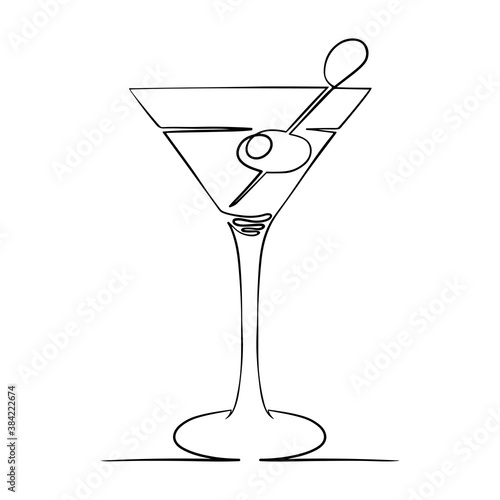 Martini with olives, continuous line. Vector illustration, isolated on white background.