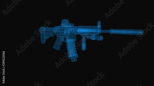 Machine gun M4 wireframe scheme. 3d render with blue grid lines. Loop rotation on black background. 